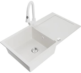 Mexen Leo, 1-komorový granitový drez 900x500x190 mm a drezová batéria Elia, biela, 6501-20-670101-20