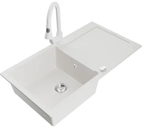 Mexen Leo, 1-komorový granitový drez 900x500x190 mm a drezová batéria Elia, biela, 6501-20-670101-20