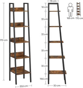 Regál 5-policový, knižnica, rustikálna hnedá a čierna
