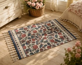 Béžový bavlnený koberec s kvetinovým motívom a strapcami - 60*90 cm