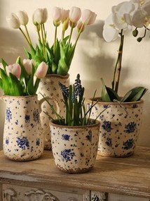 Béžový keramický obal na kvetináč s modrými ružami Blue Rose S - Ø 13*12 cm