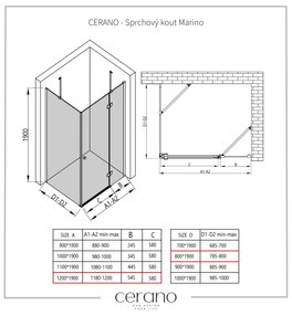 Cerano Marino, sprchovací kút 120(dvere) x 80(stena) x 190 cm, 6mm číre sklo, čierny profil, CER-CER-422901