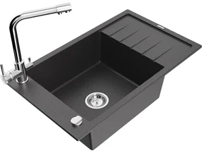 Mexen Elias, 1-komorový granitový drez s odkvapkávačom 795x480x200 mm a chrómová batéria Duero, čierna - škvrnitá, 6511-76-671600-00