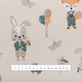 Biante Detská bavlnená obliečka na vankúš s lemom Sandra SA-701 Zajačiky a líšky s balónikmi - zelené na svetlo béžovom 50 x 60 cm