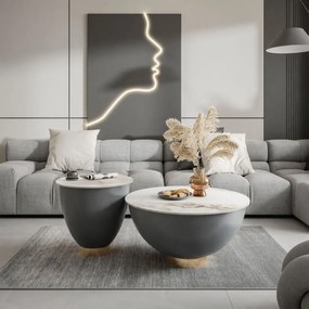 KONFERENČNÝ STOLÍK MANFRED 2v1 ŠEDÝ + BIELY MRAMOR + ZLATÝ