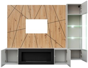 Obývacia stena Xavus G-K (perla grey + dub artisan) (s osvetlením) (s bio krbom). Vlastná spoľahlivá doprava až k Vám domov. 1118837