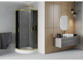 Mexen Rio, štvrťkruhový sprchovací kút s posuvnými dverami 80(dvere) x 80(dvere) x 190 cm, 6mm šedé sklo, zlatý profil + biela sprchová vanička RIO, 863-080-080-50-0-4710