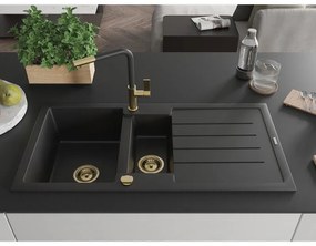 Mexen Andres, 1,5-komorový granitový drez 1000x500x200 mm a drezová batéria Flora, čierna, 6515-77-670401-57-G