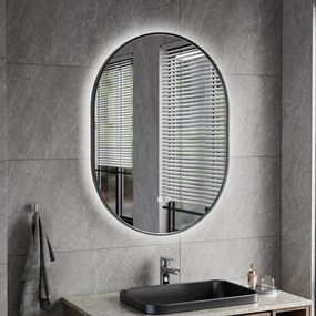 Erga Freya, oválne LED zrkadlo 60x80cm v čiernom kovovom ráme, 3 farby svetla, zadné osvetlenie, vyhrievacia podložka proti zapareniu, ERG-V01-FREYA-6080-BK