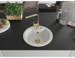Mexen Diego, 1-komorový granitový drez 488x488x167 mm, zlatý sifón, zlatá batéria Rita, biela, 6512-20-670300-50
