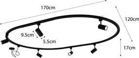Moderný koľajnicový systém s 6 čiernymi bodovými svetlami, 1-fázový, oválny 100 cm - Iconic Jeana