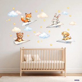 PIPPER. Textilná nálepka na stenu "Zvieratká v papierových lietadielkách"
