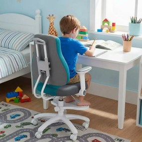 Detská rastúca stolička Neoseat KINDER WHITE PLUS — látka, sivá / tyrkysová