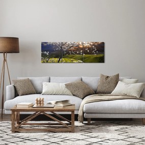 Obraz - Rozkvitnutý strom v krajine (s hodinami) (90x30 cm)
