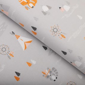 Biante Detské bavlnené posteľné obliečky Sandra SA-699 Oranžové zvieratká Indiáni na sivom Jednolôžko 140x200 a 70x90 cm