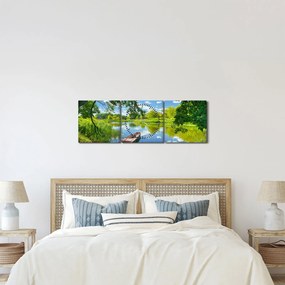 Obraz letné rieky s loďkou (s hodinami) (90x30 cm)