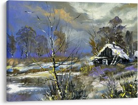 Obraz chalúpky v zimnej krajine, olejomaľba (70x50 cm)