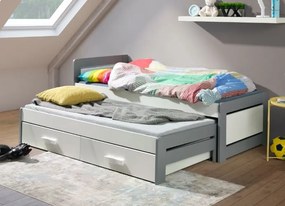 Detská posteľ z masívu borovice TIESTO s prístelkou a šuplíkmi - 200x90 cm - šedo-biela