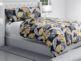 Biante Bavlnené posteľné obliečky Sandra SA-228 Sivé a zlaté tropické listy na čiernom Predĺžené 140x220 a 70x90 cm
