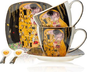 HOME ELEMENTS Súprava 6 kusov - šálky 250 ml s podšálkami a lyžičkami, Klimt Bozk tmavý