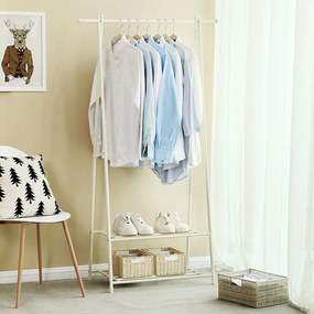 Kovový stojan na šaty s policami na topánky, krémovo biely