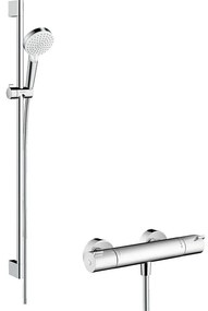 HANSGROHE Crometta nástenný sprchový termostat Ecostat 1001 CL, ručná sprcha 2jet priemer 100 mm, sprchová tyč 90 cm, jazdec a sprchová hadica 160 cm, biela/chróm, 27813400