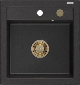 Mexen Vito, granitový drez 520x490x210 mm, 1-komorový, čierna-strieborná metalíza so zlatým sifónom, 6503521000-73-G