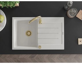 Mexen Bruno, granitový drez 795x495x200 mm, 1-komorový, biela so zlatým sifónom, 6513791010-20-G