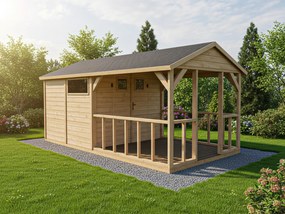 domceknazahradu.sk - Drevený domček ROZMARÍN s terasou - Premium, farba natur, (2,7 × 5,2 m), ST_ROZMAR2