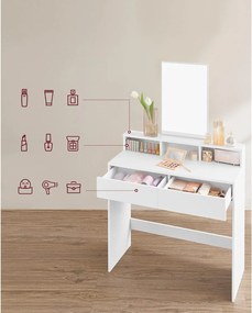 Toaletný stolík, kozmetický stolík s 2 zásuvkami a 3 priehradkami, biely