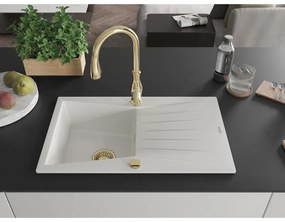 Mexen Cesar, 1-komorový granitový drez 775x470x190 mm a drezová batéria Savita, biela, 6514-20-672601-50