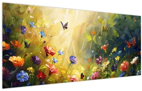 Obraz - Jarná kvetinová lúka, maľba (120x50 cm)