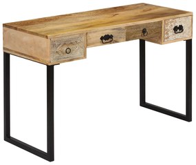Stôl, masívne mangovníkové drevo a pravá koža, 117x50x76 cm