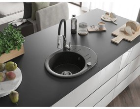 Mexen Kevin, 1-komorový granitový drez 586x458x190 mm a drezová batéria Aster, čierna-zlatá metalíza, 6517-75-73450-07