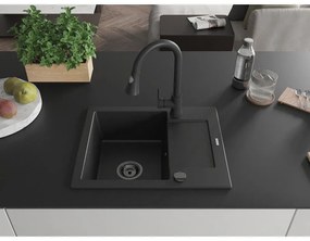 Mexen Enzo, 1-komorový granitový drez 576x465x174 mm a drezová batéria Elia, čierna, 6506-77-670101-70-B