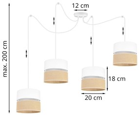 Závesné svietidlo Juta Spider, 4x jutové/biele textilné tienidlo, w