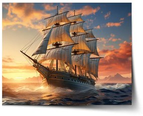 Sablio Plagát Plachetnica vo vlnách pri východe slnka - 90x60 cm