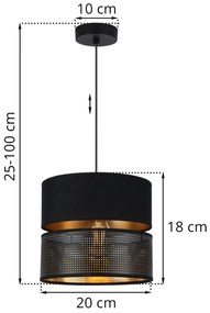 Závesné svietidlo Asti, 1x PVC/čierne textilné tienidlo, (fi 20cm), g, b