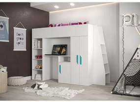 Detská kombinovaná posteľ 90 cm Puro 15 (matná biela + biely lesk + tyrkysové úchytky). Vlastná spoľahlivá doprava až k Vám domov. 1087099