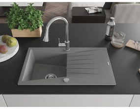 Mexen Cesar, 1-komorový granitový drez 775x470x190 mm a drezová batéria Elia, šedá, 6514-71-670101-00