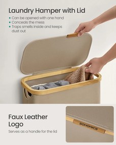 Kôš na prádlo s viečkom, úzky úložný kôš na prádlo, 65 L, 42 x 22,5 x 70,5 cm, Tehlovo hnedá