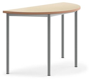 Stôl SONITUS, polkruh, 1200x600x760 mm, linoleum - béžová, strieborná