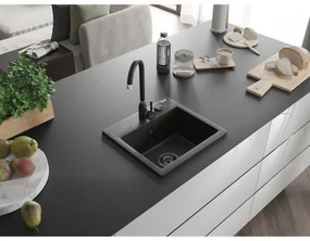 Mexen Milo, granitový drez 435x410x171 mm, 1-komorový, čierna-zlatá metalíza s čiernym sifónom, 6505441000-75-B
