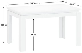 Kondela Rozkladací stôl, biela, 135-184x86 cm, LINDY