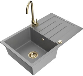 Mexen Bruno, 1-komorový granitový drez s odkvapkávačom 795x495x200 mm a zlatá kuchynská batéria Telma, šedá, 6513-71-670200-50