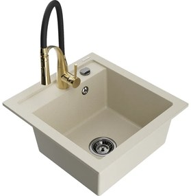 Mexen Vito, 1-komorový granitový drez 490x520x210 mm a drezová batéria Aster, béžová, 6503-69-73450-57-B