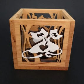 AMADEA Drevený svietnik kocky s motívom vtáčikov a mačiek, farebný, masívne drevo, 10x10x10 cm