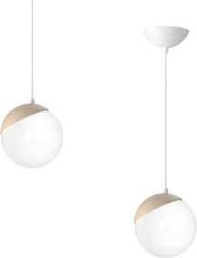 Závesné svietidlo Sfera, 1x biele sklenené tienidlo, w/drevo
