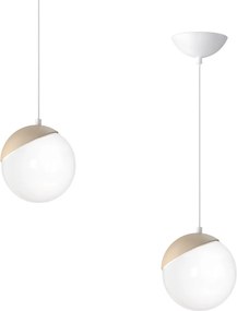 Závesné svietidlo Sfera, 1x biele sklenené tienidlo, w/drevo