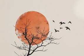 Obraz japandi mesiac s kŕdľom vtákov